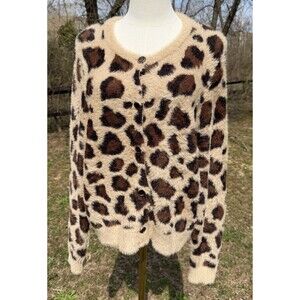 Industry Leopard Print Fuzzy Cardigan XL Cozy Eyelash Knit Button Front Sweater